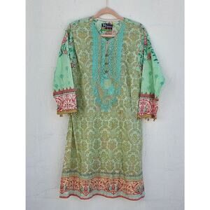 Pareesa Printed Kurti Dress Large Blue Cotton Embroidered Birdcage Pakistani